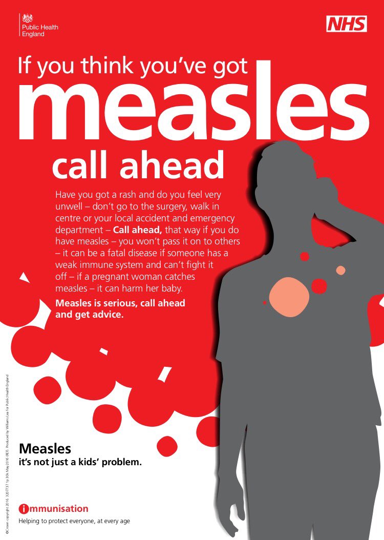 Poster explaining if you think you have measles to call the GP before visiting any medical centre to prevent the spread of measles.