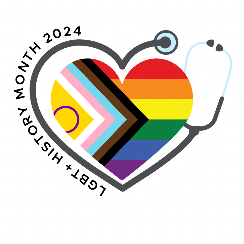LGBT+ history month logo of a heart and medical