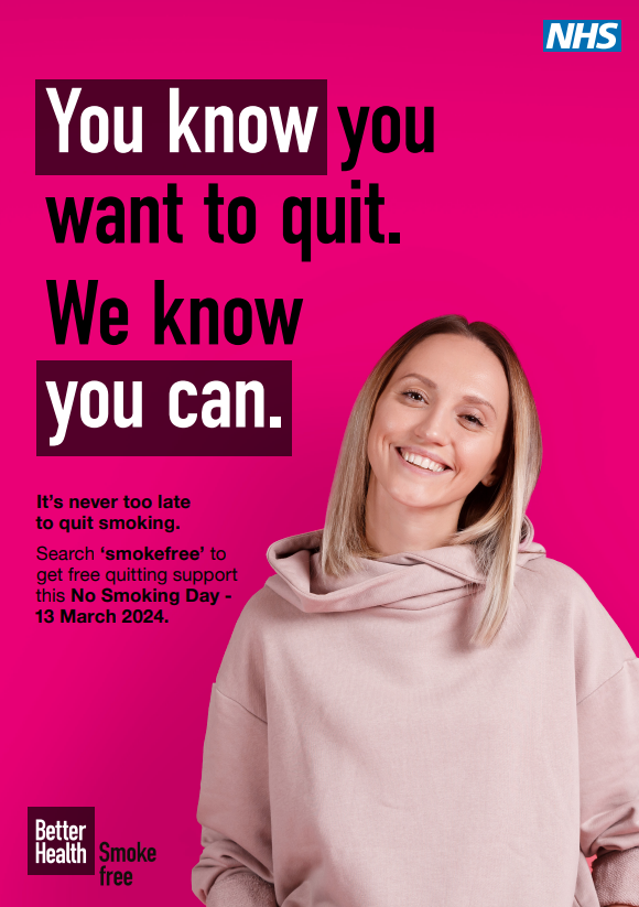 No smoking day - 13th March 2024 poster. Its never too late to quit smoking. Search Smokefree to get free quitting support.