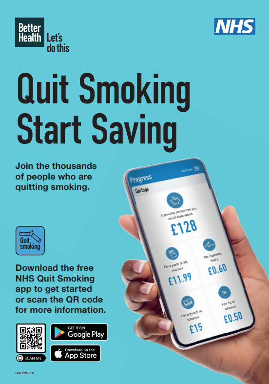 quite smoking start saving poster. Download the free NHS quit smoking app to get started.