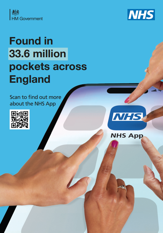 NHS app poster. Found in 33.6 million pockets across England. For more information scan the code or visit nhs.uk/nhsapp 