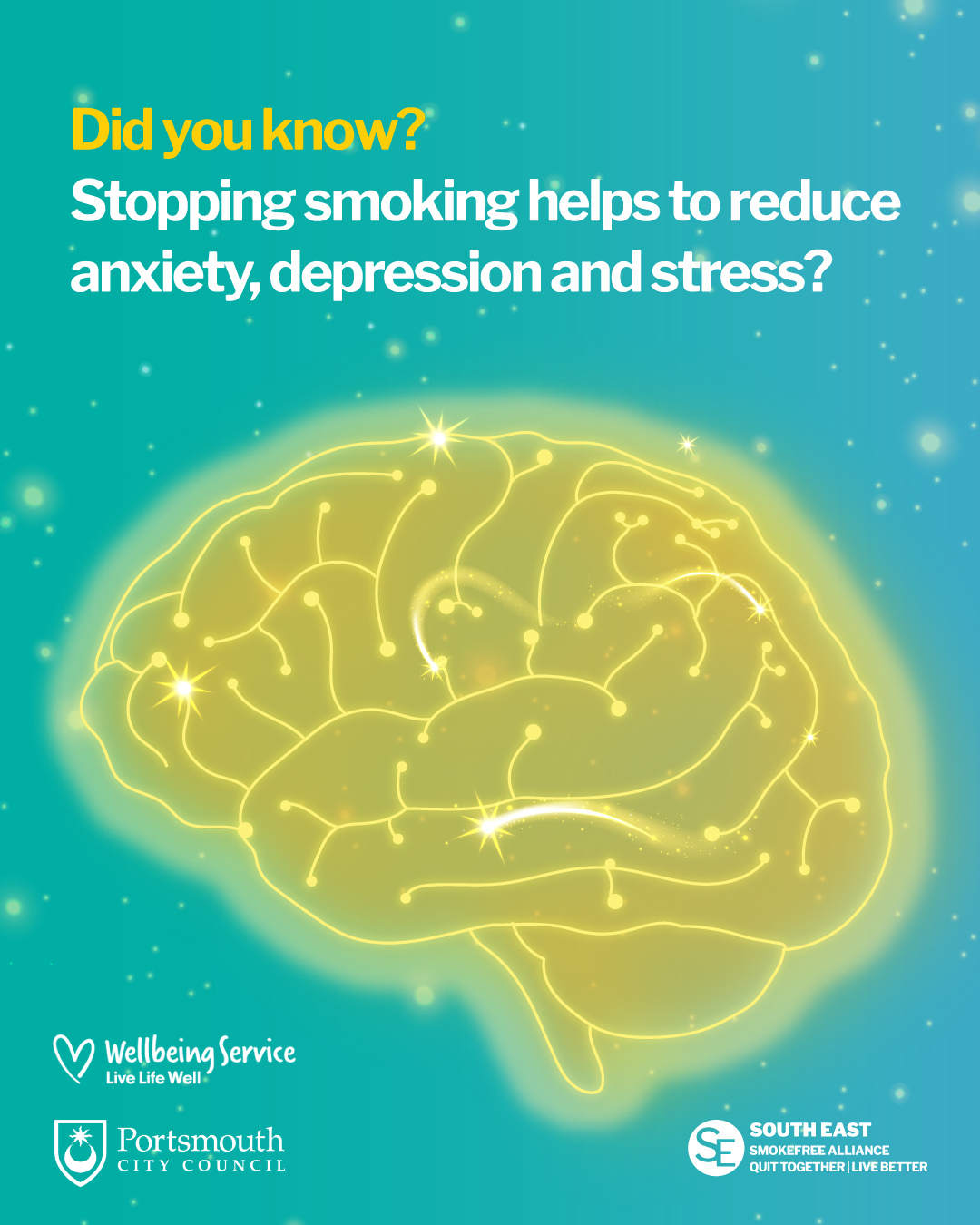 Did you know? stopping smoking helps to reduce anxiety, depression and stress? wellbeing service poster